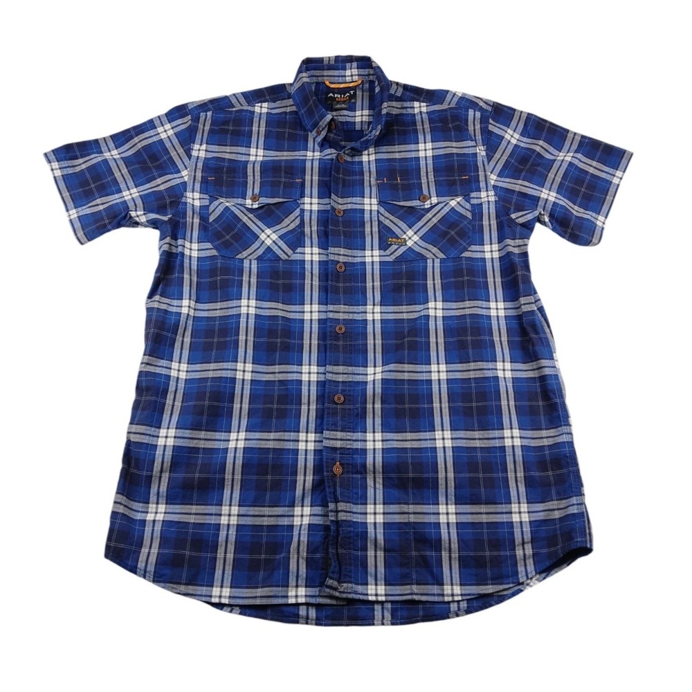 Ariat Rebar Mens Large‎ Blue Plaid Short Sleeve Button Down Work Shirt